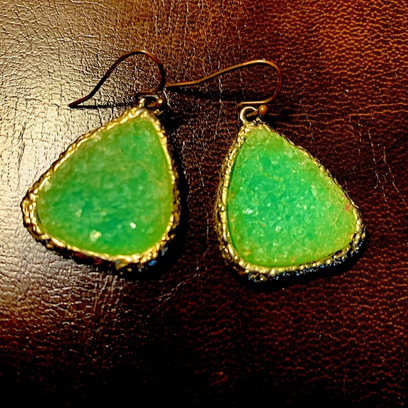 Green Druzy Earrings with Gold Trim - Picture 1 of 9